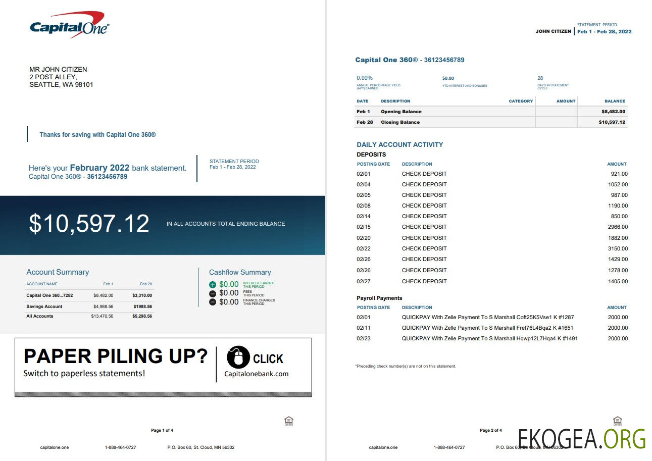 Modèle Word et PDF de relevé bancaire USA Capital One, 4 pages